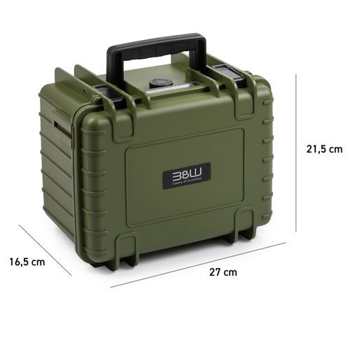 Custodia da trasporto verde con manico, dimensioni 27x16,5x21,5 cm.
