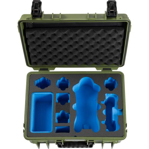 Custodia rigida verde con inserto in schiuma e forme blu sagomate per attrezzatura.