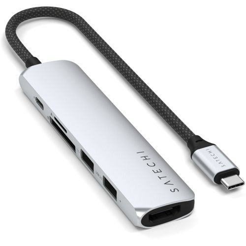 Hub USB-C argentato con HDMI, slot per schede SD e porte USB.