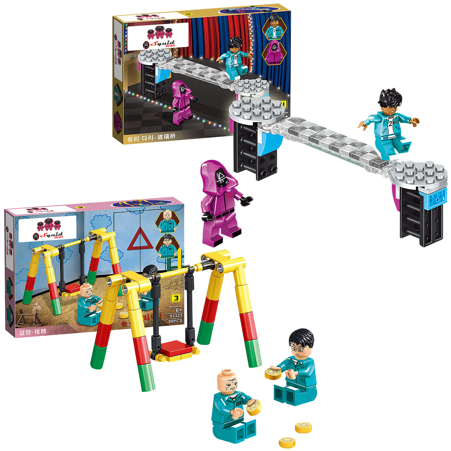 Figure in stile Lego che giocano a un gioco del ponte di vetro e un gioco di zollette di zucchero.