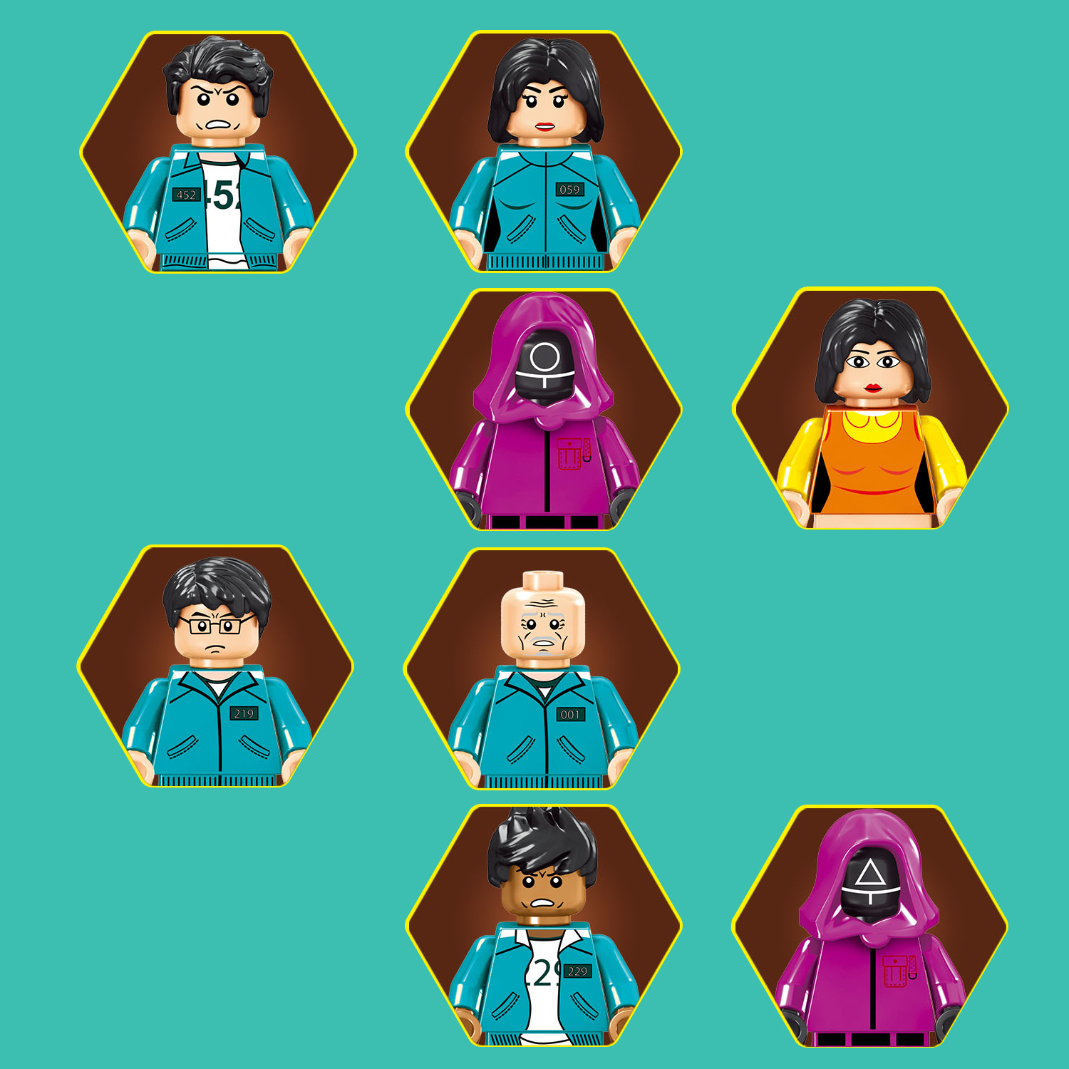 Sette figure Lego ispirate a Squid Game, in cornici esagonali.