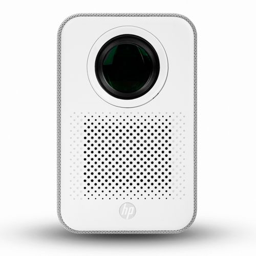 Ein weißer HP-Projektor mit einem Objektiv und einem Lautsprechergitter.