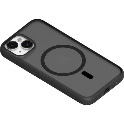 Custodia nera per iPhone con doppia fotocamera e cerchio magnetico.