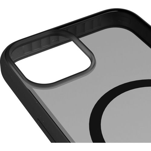 Custodia nera per telefono con ritaglio fotocamera rettangolare e dettaglio circolare.