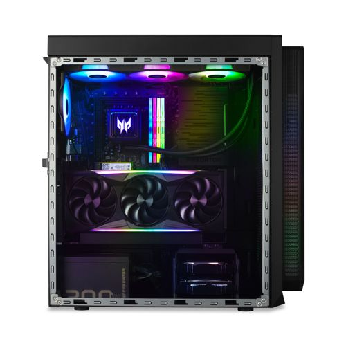 Offener PC-Turm mit RGB-Beleuchtung an Lüftern, GPU, RAM und Motherboard.