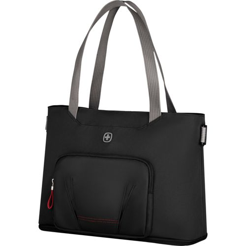 Sac fourre-tout noir en tissu avec anses grises et poche extérieure.