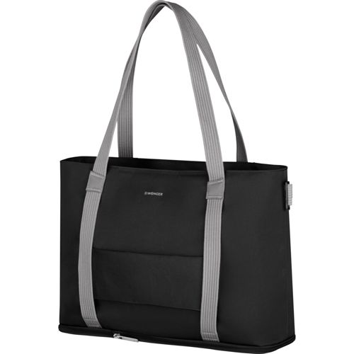 Sac fourre-tout noir avec anses grises et poche zippée sur le devant.