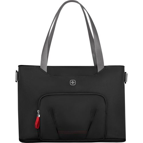 Un sac fourre-tout noir avec des bretelles grises et une tirette de fermeture éclair rouge. Comprend une poche avant.