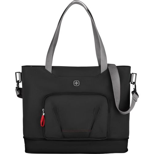 Sac fourre-tout noir avec anses grises et tirette de fermeture éclair rouge.