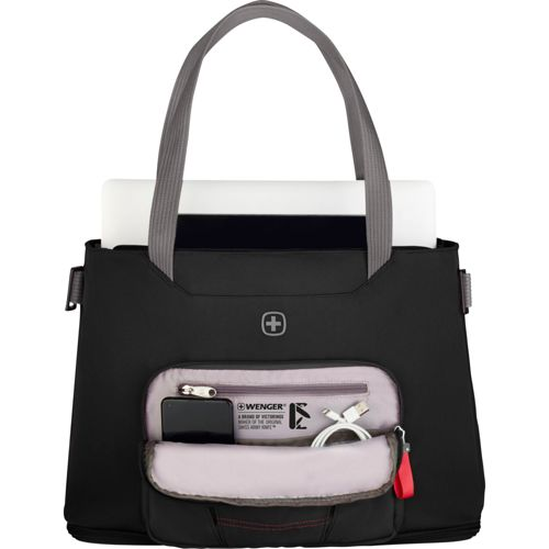 Sac noir avec ordinateur portable et accessoires dans poche extérieure.