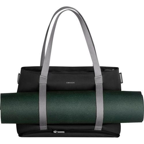 Sac noir avec bretelles grises tenant un tapis de yoga vert.