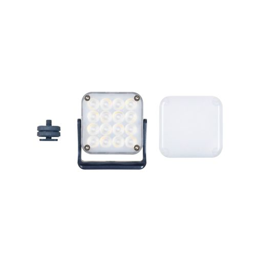 Une lumière LED carrée avec cadre sombre, vis métallique et diffuseur blanc.