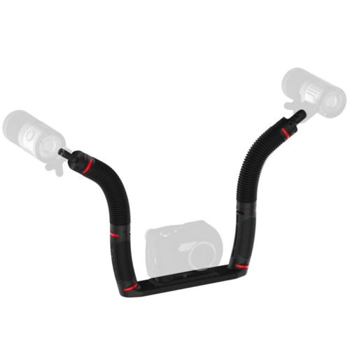 Ein schwarzer Kamerahalter mit zwei flexiblen Armen und roten Akzenten.