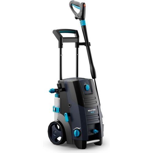 Idropulitrice blu scuro con ruote, manico e lancia retrattili.