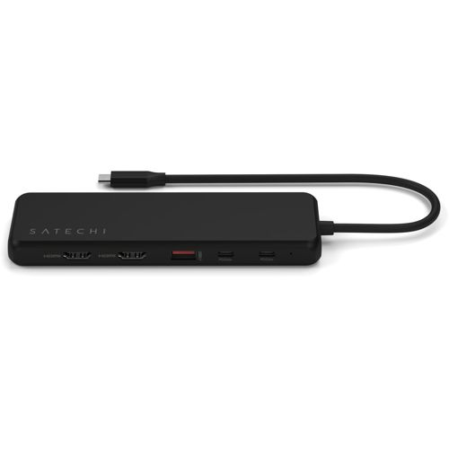 Schwarzer USB-C-Hub mit HDMI-, USB-A-, USB-C-Anschlüssen und Ladekabel.