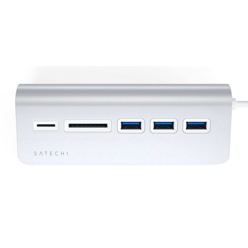 Silberne Satechi-Dockingstation mit SD-Kartensteckplatz, microSD-Steckplatz und drei blauen USB 3.0-Anschlüssen.