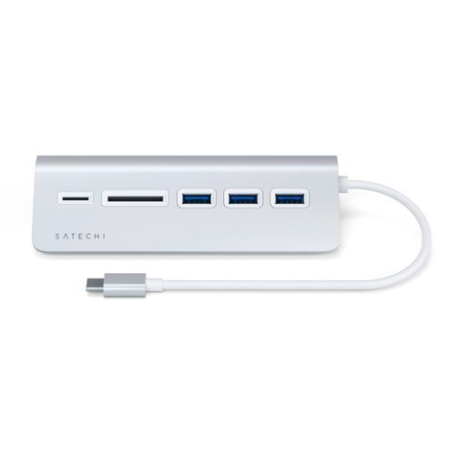 Silberne Satechi USB-C-Dockingstation mit SD-Kartensteckplätzen und drei blauen USB-A-Anschlüssen.