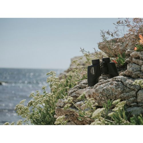 Prismáticos negros sobre rocas junto al mar con plantas y cielo azul.
