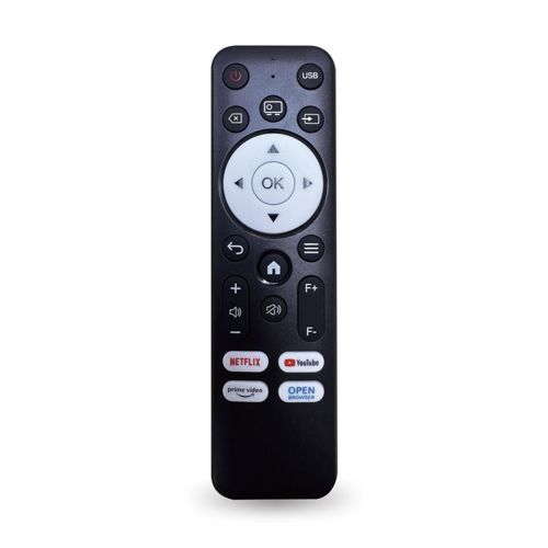 Télécommande noire avec cercle de navigation et boutons d'application.