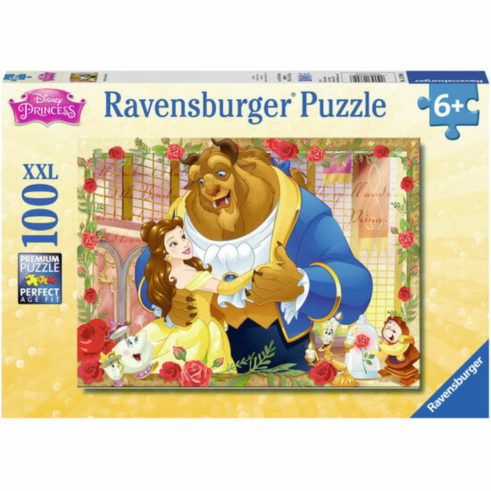 Puzzle Ravensburger con Belle e la Bestia che ballano, circondati da rose.