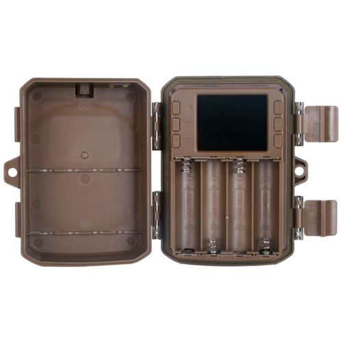 Offene braune Wildkamera mit Batteriefach und kleinem Bildschirm.