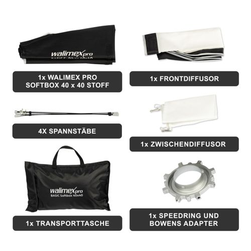 Walimex Pro Softbox 40x40 Set mit Stoff, 4 Stäben, Front- und Zwischendiffusor, Tasche und Speedring.