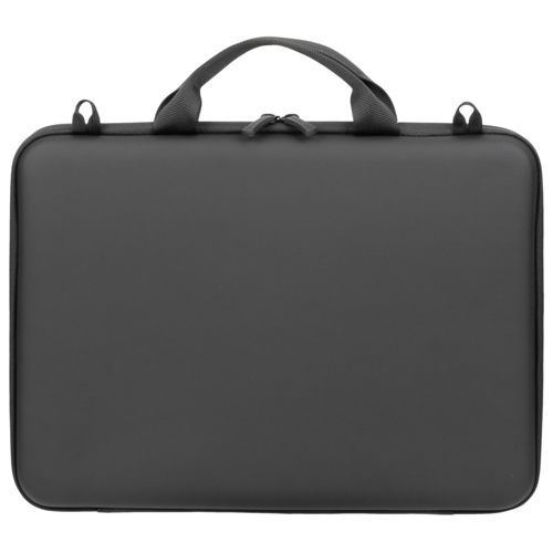 Una borsa nera per laptop con manico e cerniera.