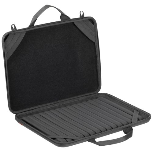 Custodia nera per laptop aperta con interno imbottito e cinghie.