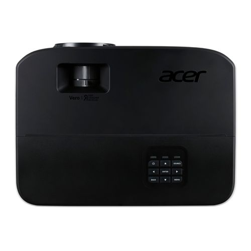 Un projecteur Acer noir avec objectif, panneau de commande et logo Acer.