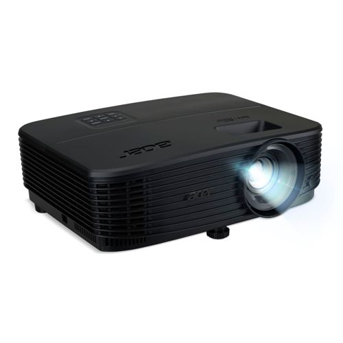 Un projecteur Acer noir avec sa lentille émettant de la lumière sur fond blanc.
