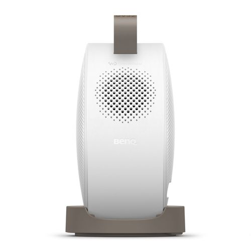 Un projecteur BenQ blanc avec un support et une poignée gris.