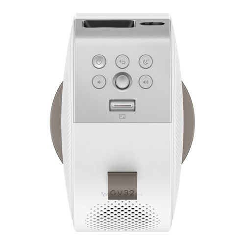 Un projecteur blanc avec boutons de commande et un port USB.
