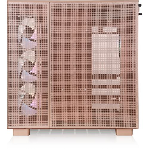 Un case per computer color oro rosa con tre ventole illuminate sul lato sinistro.