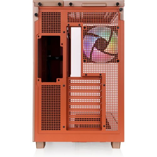 Retro di un case per computer arancione con ventola colorata e griglie.