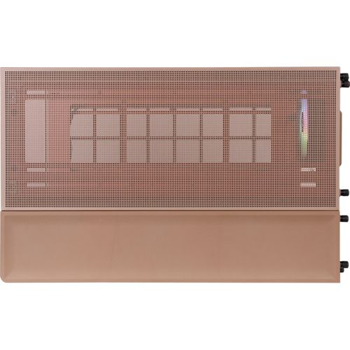Una ventola per case PC color oro rosa con prese d'aria rettangolari e illuminazione RGB.