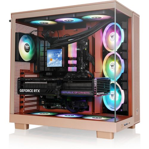Un case per computer color oro rosa con ventole e componenti RGB, che mostra una scheda grafica GeForce RTX.
