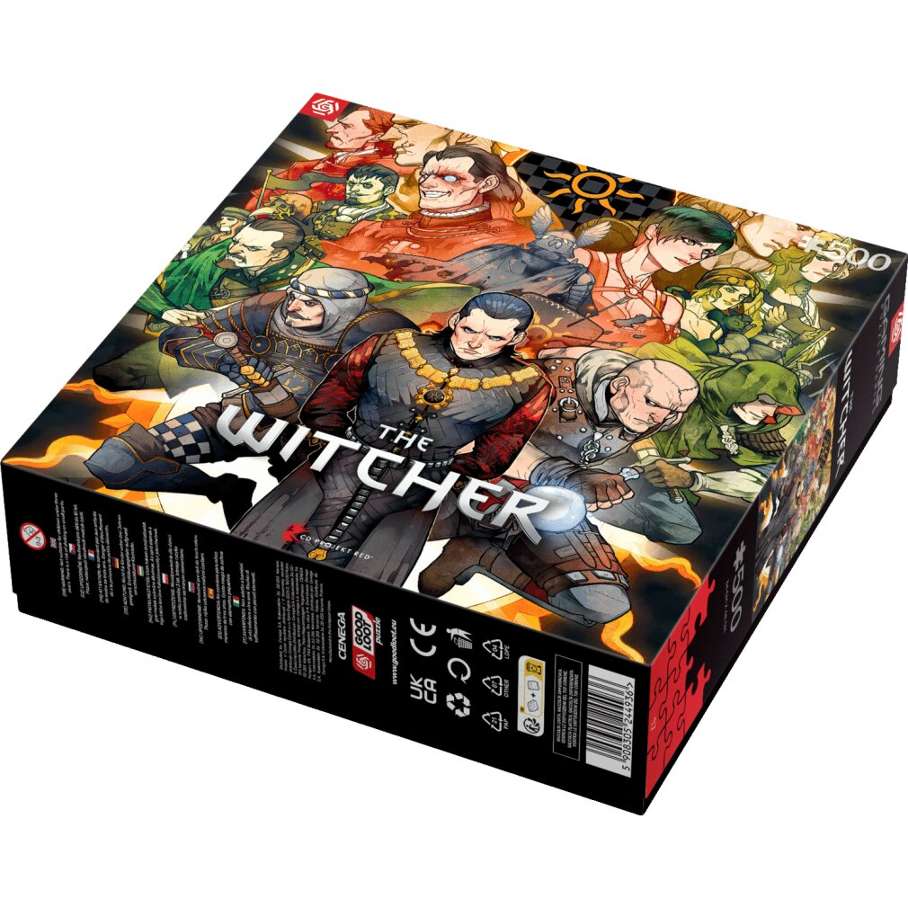 Pudełko z puzzlami "The Witcher" 500 elementów z ilustracjami postaci.