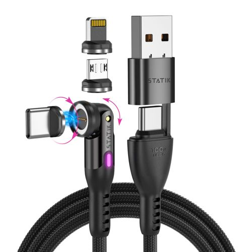 Schwarzes magnetisches Ladekabel mit USB-A, USB-C, Lightning und Micro-USB-Adaptern.