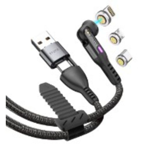 Schwarzes geflochtenes USB-C-Kabel mit Magnetadapter und 3 Magnetspitzen.