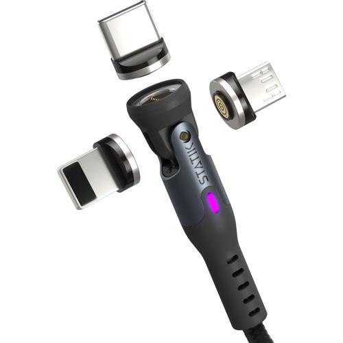 Ein grauer Ladekabelkopf mit drei magnetischen Anschlüssen: USB-C, Micro-USB und Lightning.