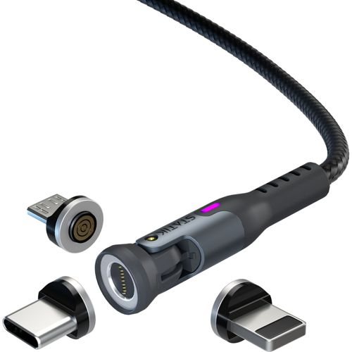 Magnetisches Ladekabel mit USB-C-, Micro-USB- und Lightning-Adaptern.