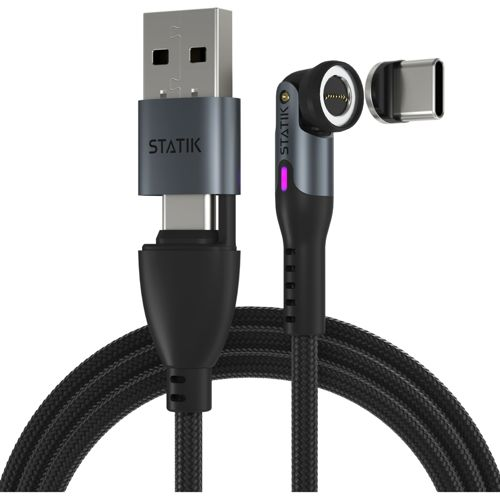 Ein graues USB-C-Kabel mit einem abgewinkelten Anschluss und magnetischem Adapter.