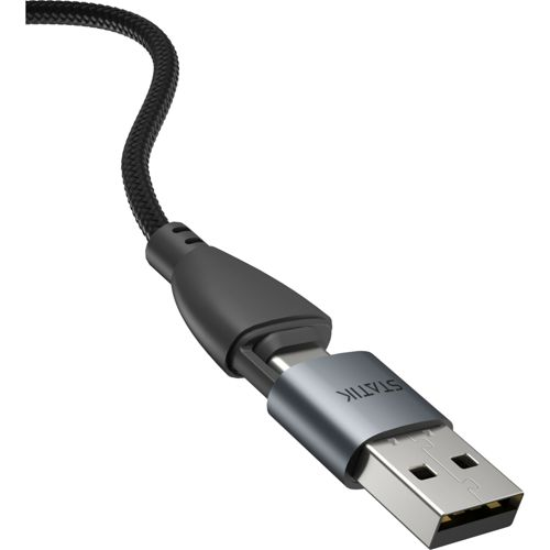 Ein schwarzes USB-Kabel mit einem silbernen USB-A-Stecker und einem grauen Gehäuse.
