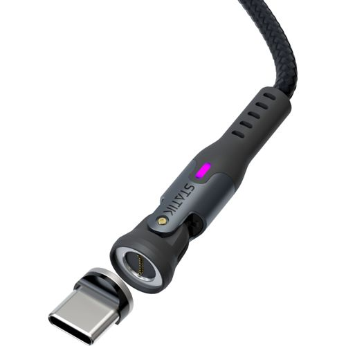Ein magnetisches Ladekabel mit USB-C-Anschluss und einem leuchtenden lila Licht.
