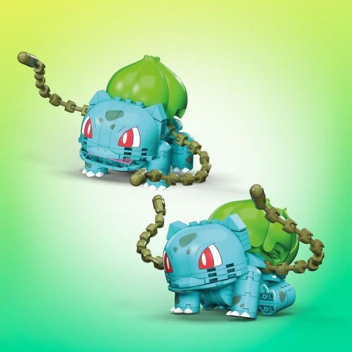 Zwei blaue Lego-Figuren mit grünen Knospen und braunen Ranken auf grünem Hintergrund.