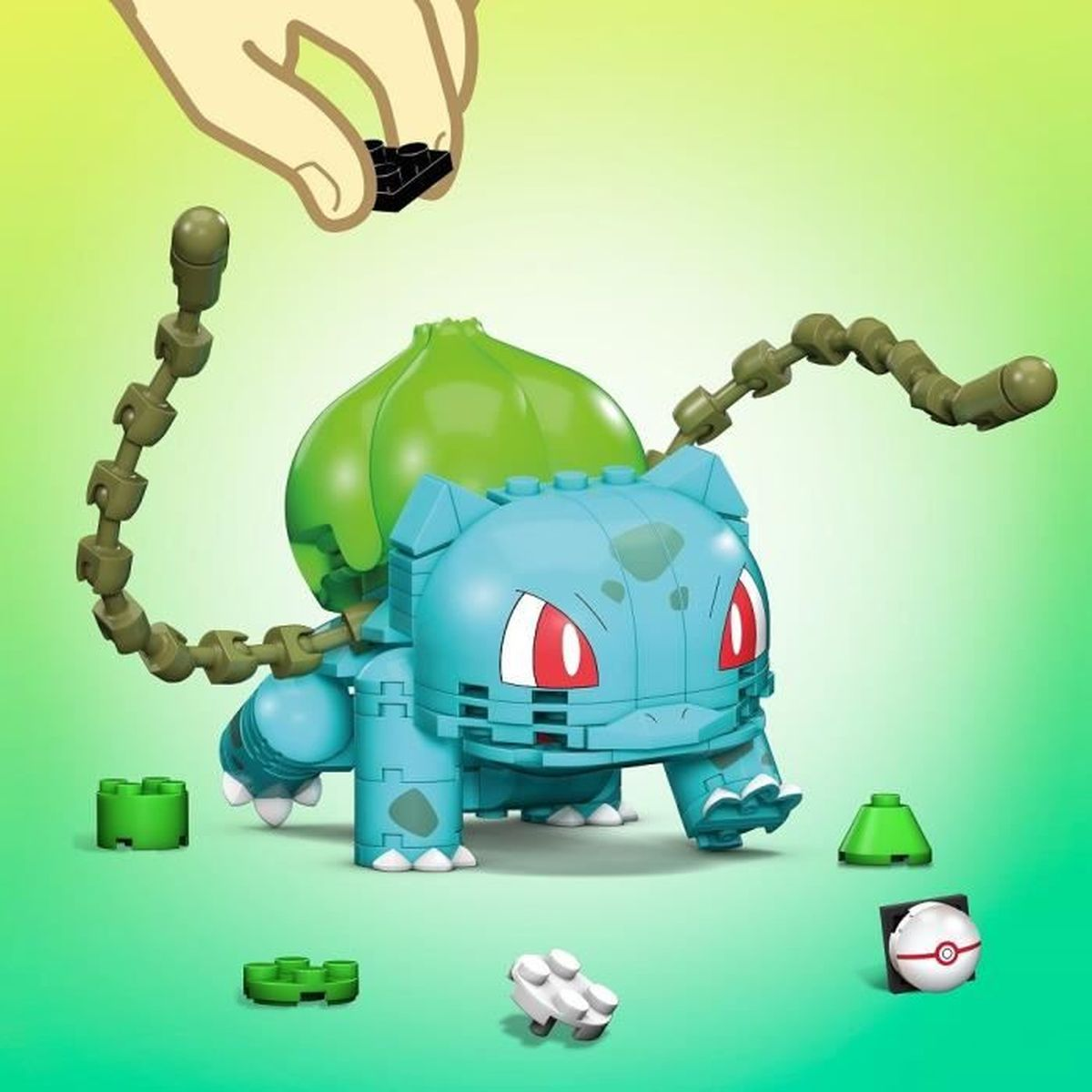 Ein blauer Lego-Bulbasaur mit einer grünen Knospe auf dem Rücken wird aufgebaut.