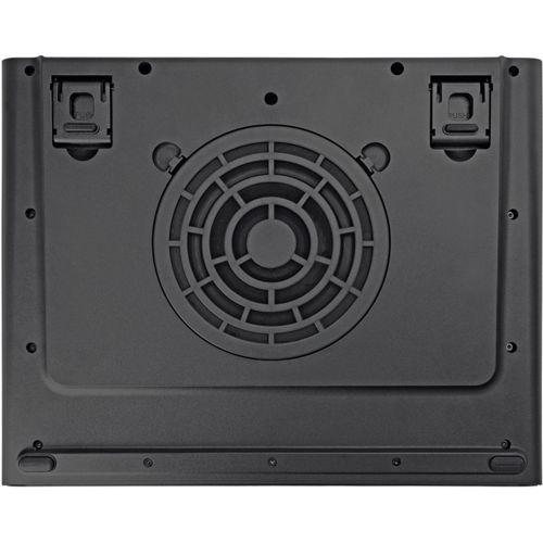 Reverso de un ventilador negro con rejilla y orificios de montaje.