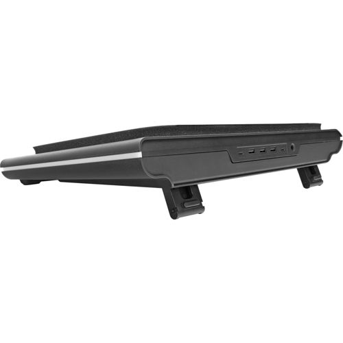 Soporte negro para portátil con patas plegables y puertos USB.