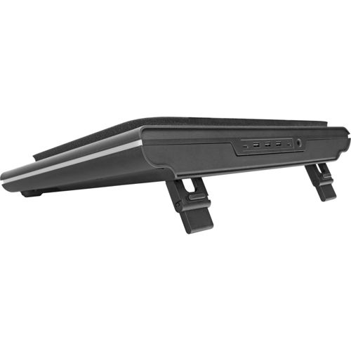 Soporte negro para portátil con patas plegables y puertos USB.