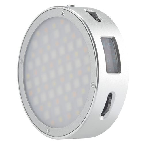 Silberne runde LED-Leuchte mit einstellbarem Schalter und kleinem Bildschirm.